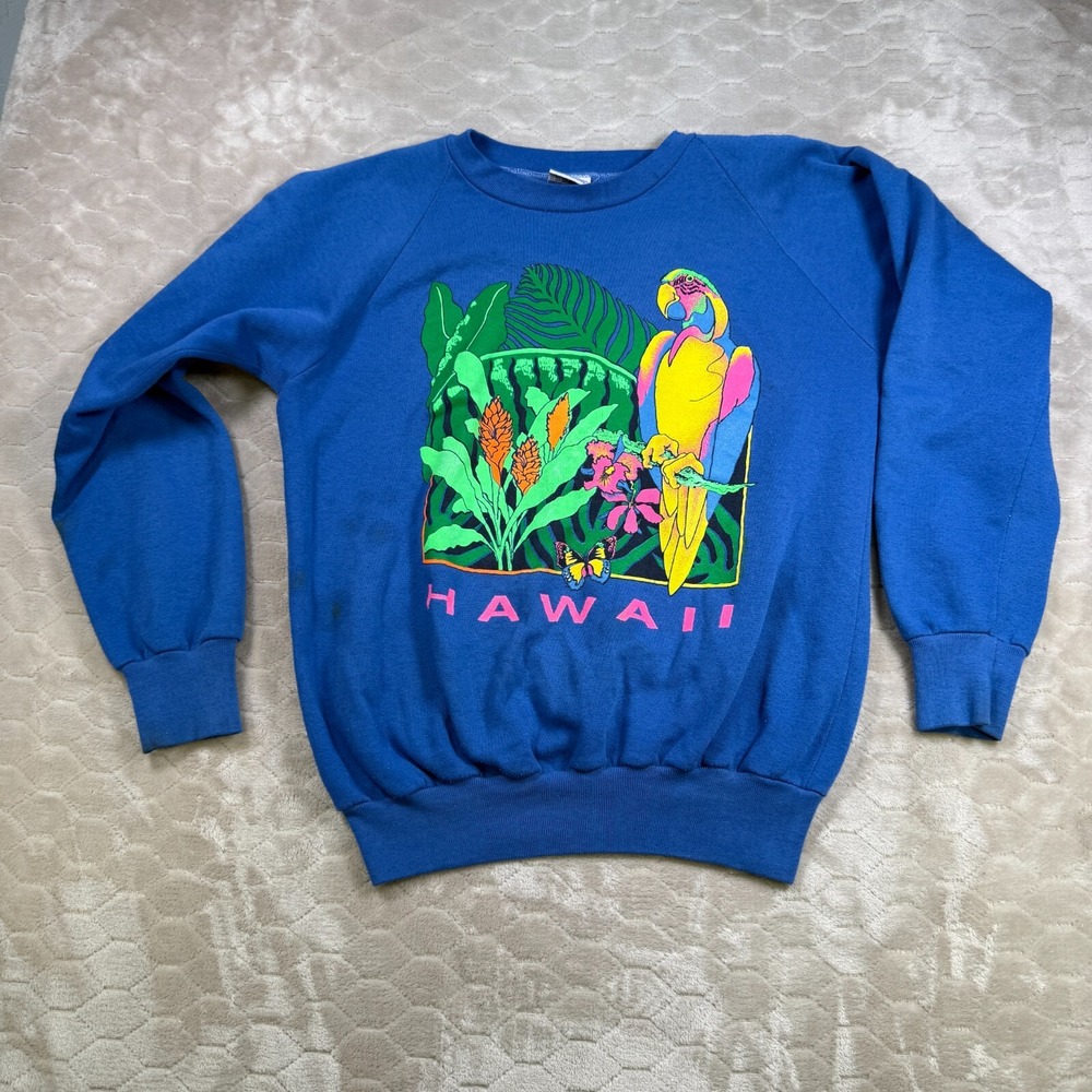 VTG 90s Poly Tees Hawaii Sweatshirt Mens Large Blue Raglan Tropical Parrot Print